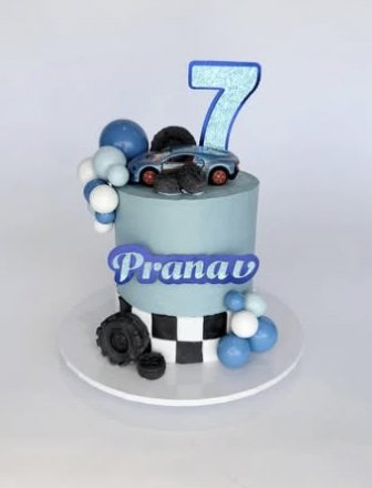 Blue race-car themed 7th birthday cake